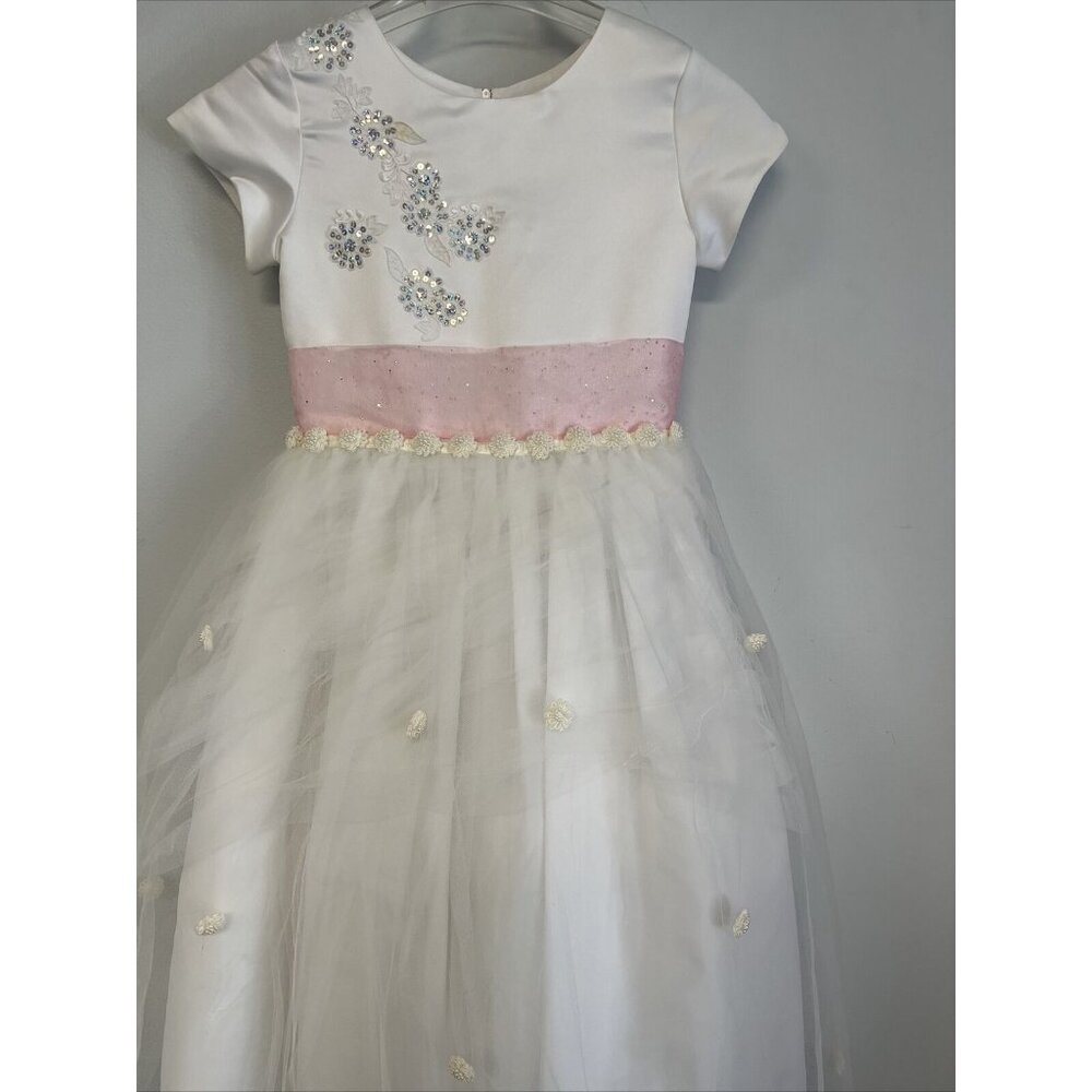 US Angels Flower Girls Dress White Silver Sparkle Pink Ribbon size 8 - Picture 2 of 7